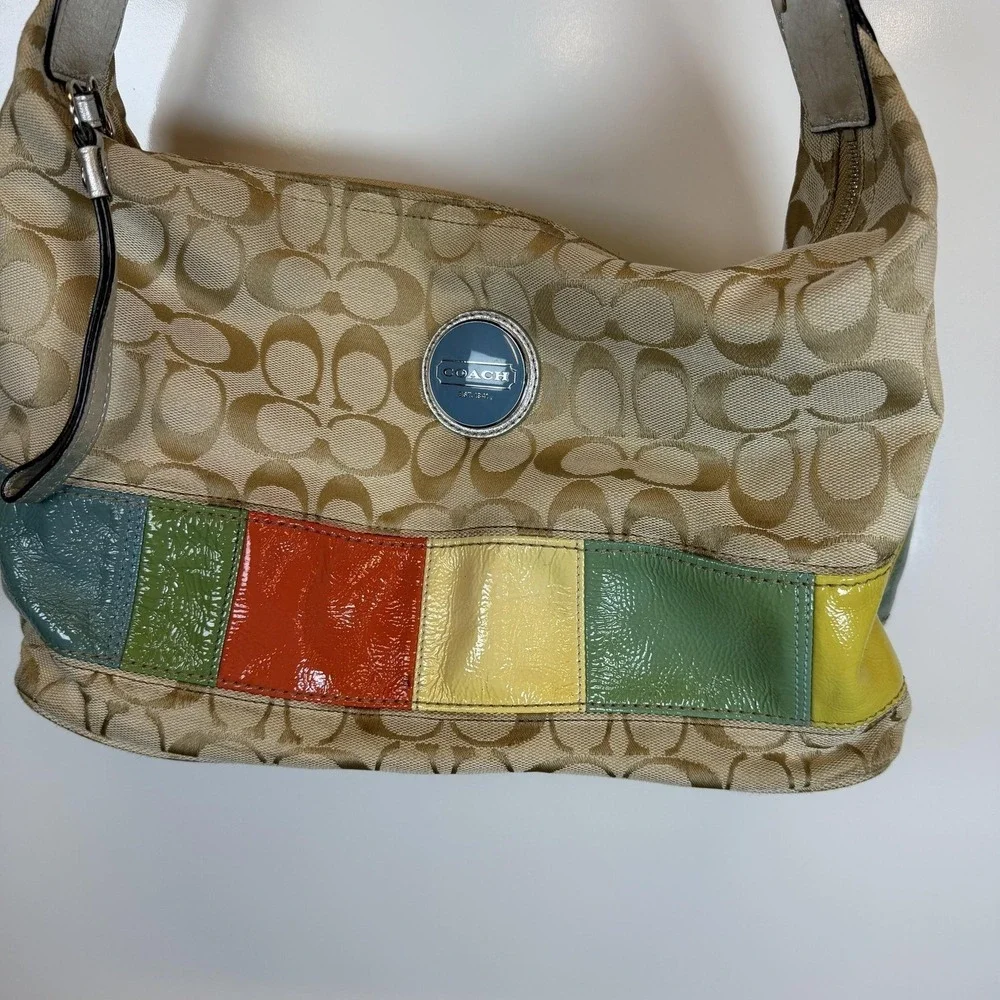 Coach Hobo Bag Womens Medium Beige Signature Poppy Multicolor‎ Patchwork Canvas